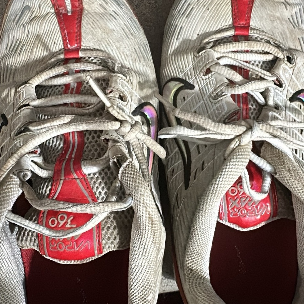 Men’s Nike VaporMax shoes, grey and red. Used as school shoes.